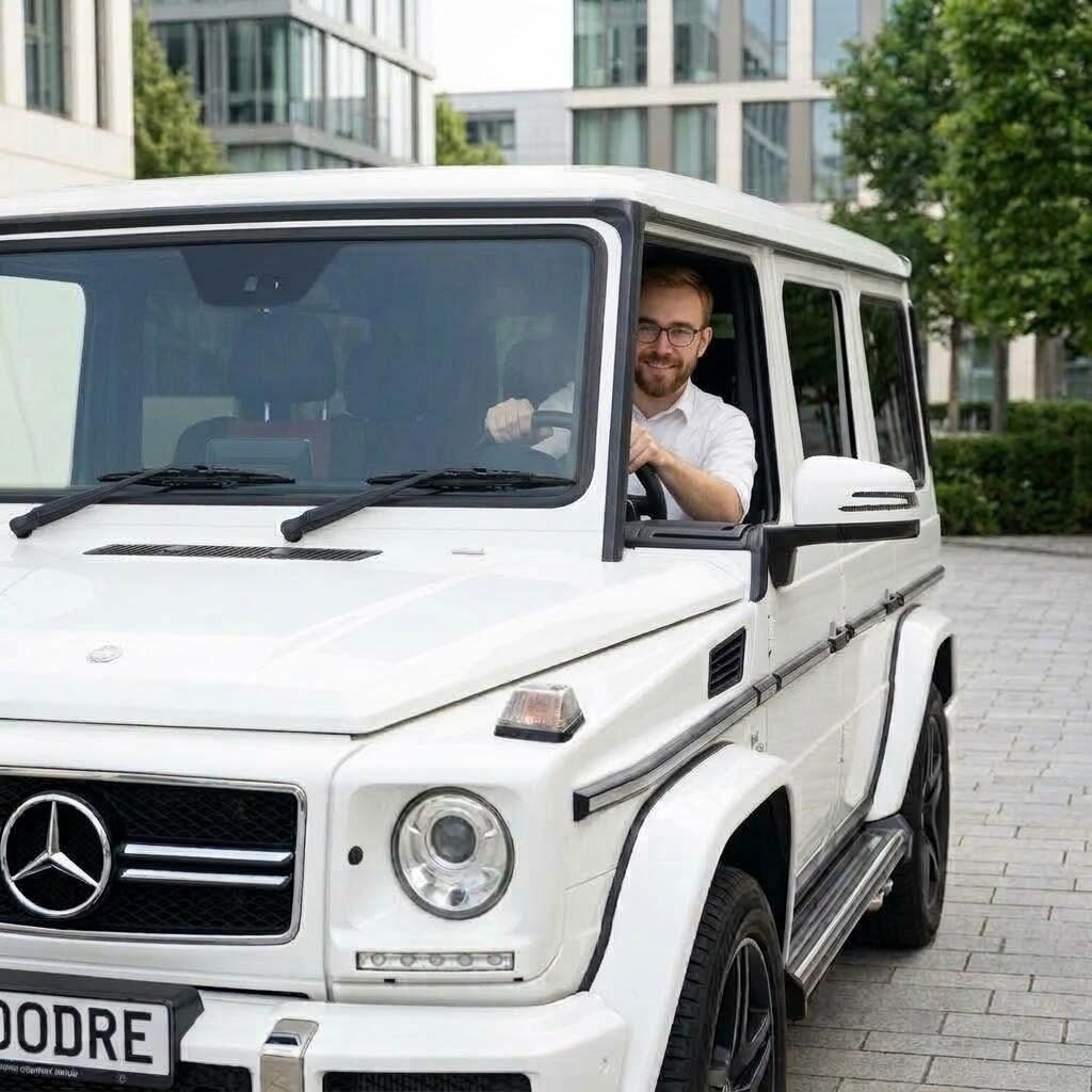 Matúš smiling behind the wheel of a white SUV